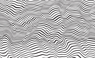 Abstract wave background with black and white stripes. Optical (Op Art) illusion of waves of black and white lines.