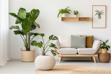 Minimal living room with indoor plants. Bright authentic home interior. Home gardening and biophilic design