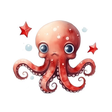 Cute Octopus in Santa Hat, Kids' Watercolor Christmas Illustration