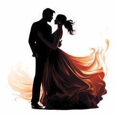 Wedding couple silhouette embraced in a tender dance isolated on white background