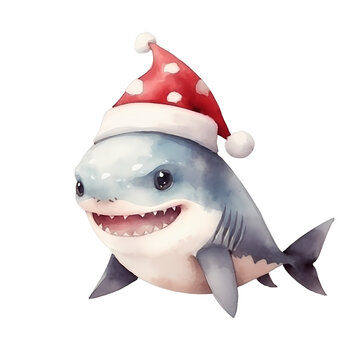 Christmas baby shark wearing Santa hat, watercolor illustration