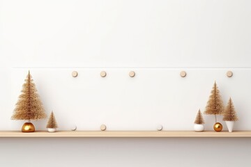 White Wall Banner With Christmas Decor And Wood Shelf Trees