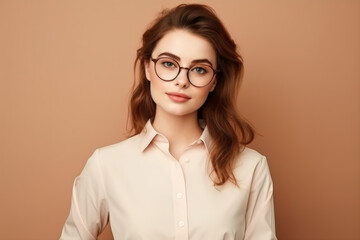Photo of optimistic nice intelligent woman with short hairdo dressed white shirt glasses isolated on beige color background