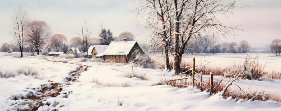 Winter Scene Painting With Houses And Trees As Background