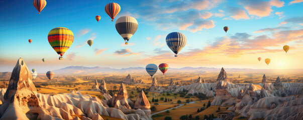 Obraz premium Cappadocia, Hot air colores balloons flying over country.