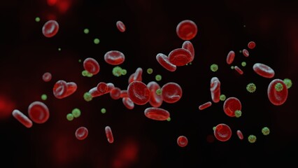 Virus in bloodstream with red cells. medical background. 3d illustration