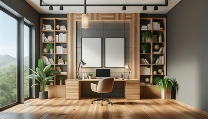 Panoramic study room with wooden decor, minimalist desk, plush chair, and art-ready vertical frames.