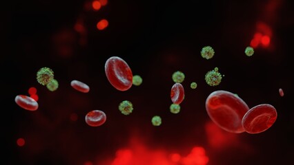 3D rendering Microscopic illustration of the spreading 2019 corona virus or Covid-19 and red blood cell Background