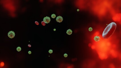 3D rendering Microscopic illustration of the spreading 2019 corona virus or Covid-19 and red blood cell Background