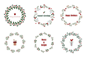 Collection of Christmas floral wreaths. Modern design for winter Holidays. Illustration for invitation card, poster, banner, greeting card, postcard, packaging, print