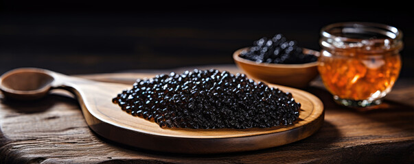 Black caviar on wooden table or board. luxury caviar meal concept