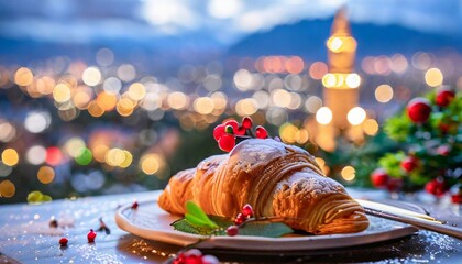 delicious croissant on a plate with , against the background of a Christmas tree.
holiday card template
