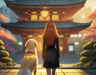 girl with red hair on her back with golden retriever dog observing a japanese palace
