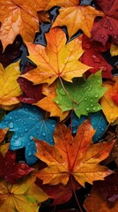 Naklejka na ściany i meble Beautiful Maple Leaves with dewdrops