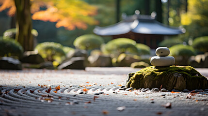 A peaceful Zen rock garden, with perfectly raked gravel as the background, during a calm afternoon - obrazy, fototapety, plakaty
