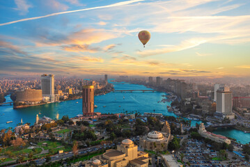 Skyline view on Cairo at sunset, the skyscrappers and the bridges, panorama from the Tower, Egypt