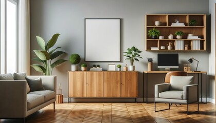 Contemporary living room interior with wooden cabinet, vertical frame, modern sofa, office desk, chair, and decorative indoor plants against a light gray wall.