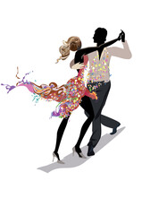 Abstract dancing couple decorated with splashes, waves, notes. Hand drawn vector illustration  for t shirts, covers,  wallpaper, greeting cards, wall-art, invitations.