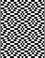 Vertical distorted checkerboard background. Three-dimensional line art objects. Black and white distorted checkered background. Wavy chess board.