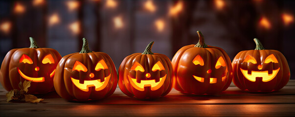 pumpkins faces on wooden table in darkness at Halloween time. banner