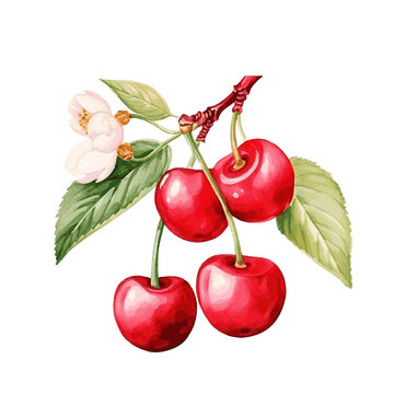 Sweet cherry fruit with leaves watercolor paint on white for food card decor