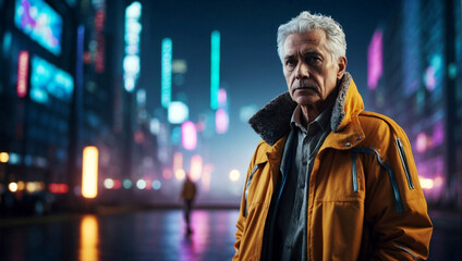 Fototapeta na wymiar Wide angle shot of an elderly gray haired man in a futuristic jacket standing in front of a blurry panorama of a cyberpunk city with bright neon lights.