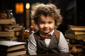 little boy dressed as a writer with a bow tie and surrounded by books