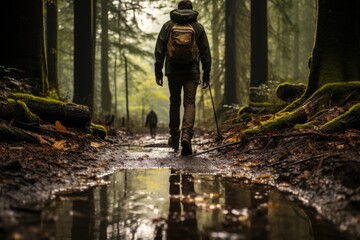 young hiker making a trek through a forest in autumn with the path wet and full of puddles - obrazy, fototapety, plakaty