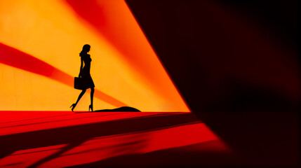 Fototapeta premium Woman in short dress walking across red carpet with handbag.