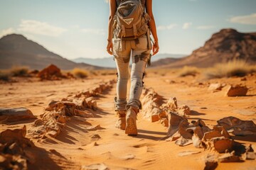 image of a young explorer from behind walking through a desert