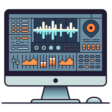 Computer monitor, with a detailed audio editing software interface open, highlighting the audio wave and editing tools vector illustration, Audio Engineer computer screen stock vector image