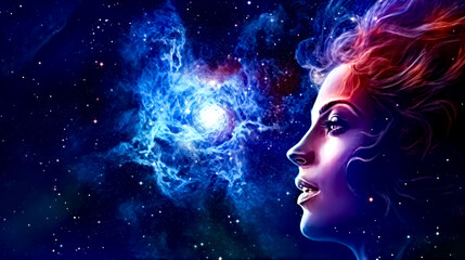 Fototapeta premium Painting of woman's face in front of galaxy background.