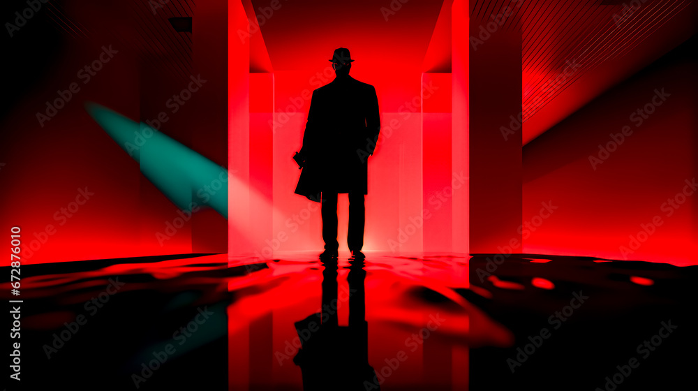 Poster man in suit and hat standing in front of red wall.
