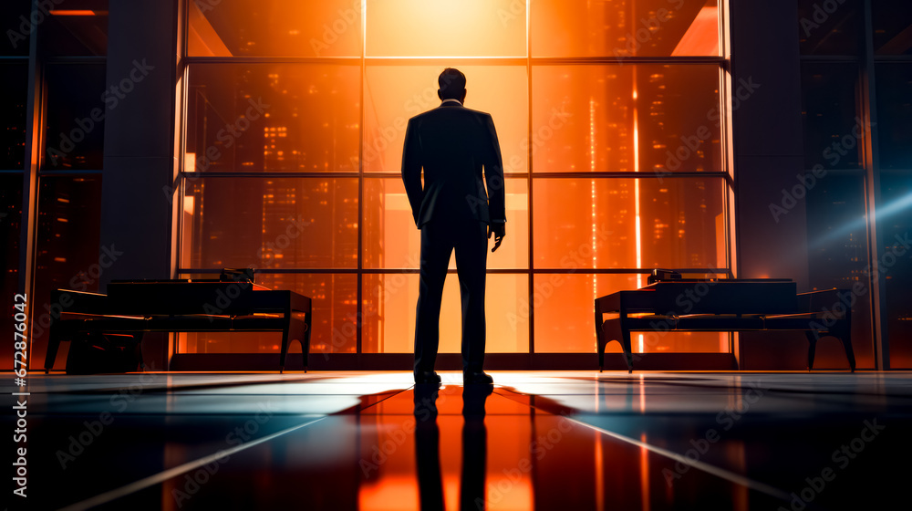 Aufkleber man in suit standing in front of window with city view.