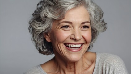 senior model woman with grey hair laughing and smiling - obrazy, fototapety, plakaty