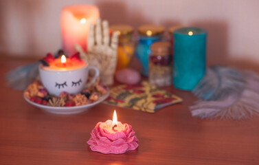 Candle lights in dark room. Concept of divination, oracle and predictions, rituals and other magic 