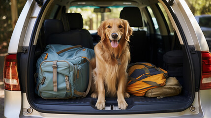 A Golden Retriever Dog Sitting in a Packed Car Ready for Vacation
