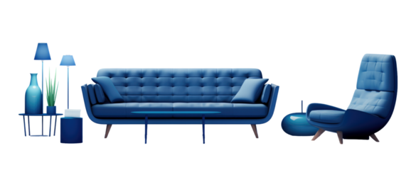 Collection of blue modern furniture set on transparent background