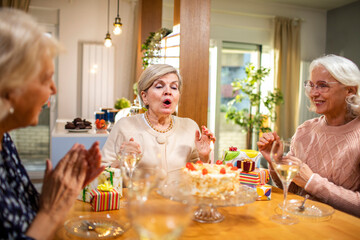 Group of senior women celebrating a birthday at home