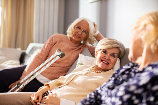 Senior female friends sitting on the sofa at home