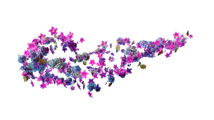 Beautiful spring flowers flying in the air, against transparent background; Creative spring floral layout. Birthday, valentines or wedding concept.