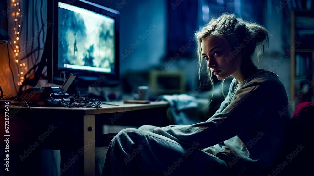 Poster woman sitting at desk in front of computer monitor and keyboard.