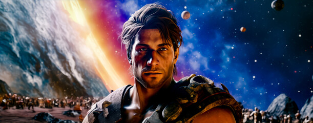 Close up of person in space setting with planets in the background.