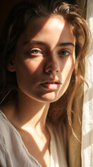 Fototapeta na wymiar Natural Beauty - Portrait of Beautiful Brunette Girl in Sunlight 