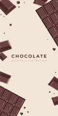 Flyer with flying chocolate bars and pieces of broken milk dark chocolate on a beige background. Vector illustration.