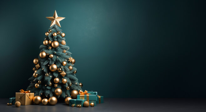 A magic decorated christmas tree with gifts background