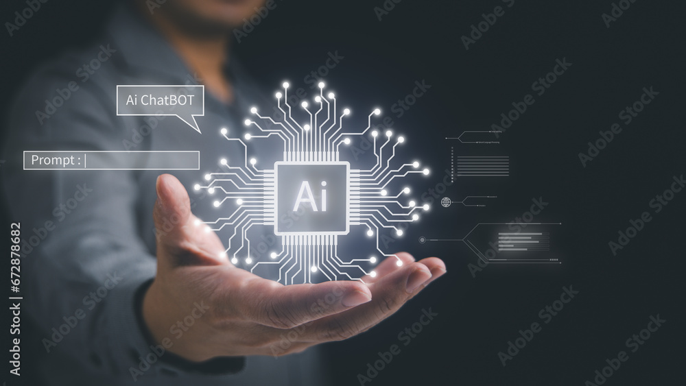 Poster ai tech, businessman show virtual graphic global internet connect chatbot chat with artificial intel