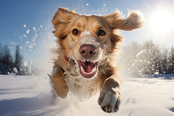 A playful dog frolicking in the forest in the snow