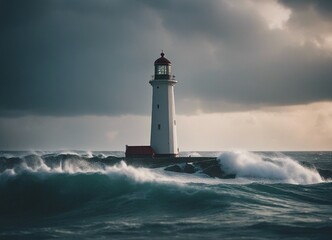 A lighthouse shining on a stormy and wavy day
