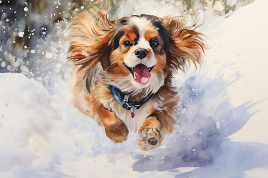 A playful dog ginger frolicking in the forest in the snow,on a sunny day
